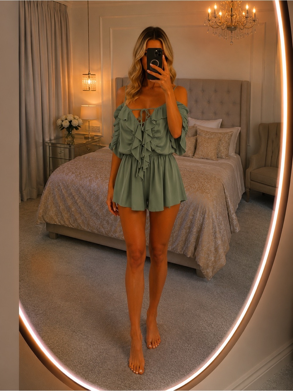 Sage Green Ruffle Off-Shoulder Romper